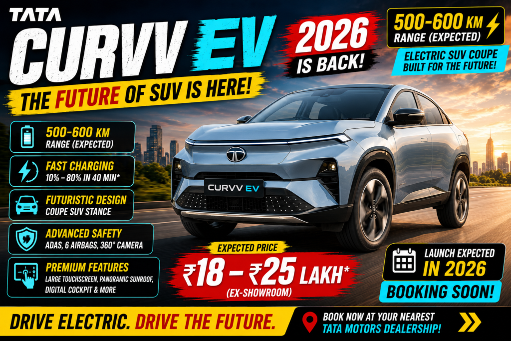 ata Curvv EV 2026 electric SUV banner with 500-600 KM range and futuristic coupe design